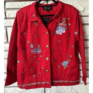 Vtg Alex Kim 1X Fully Lined Embroidered Cotton Red Jacket Artsy Floral BOHO